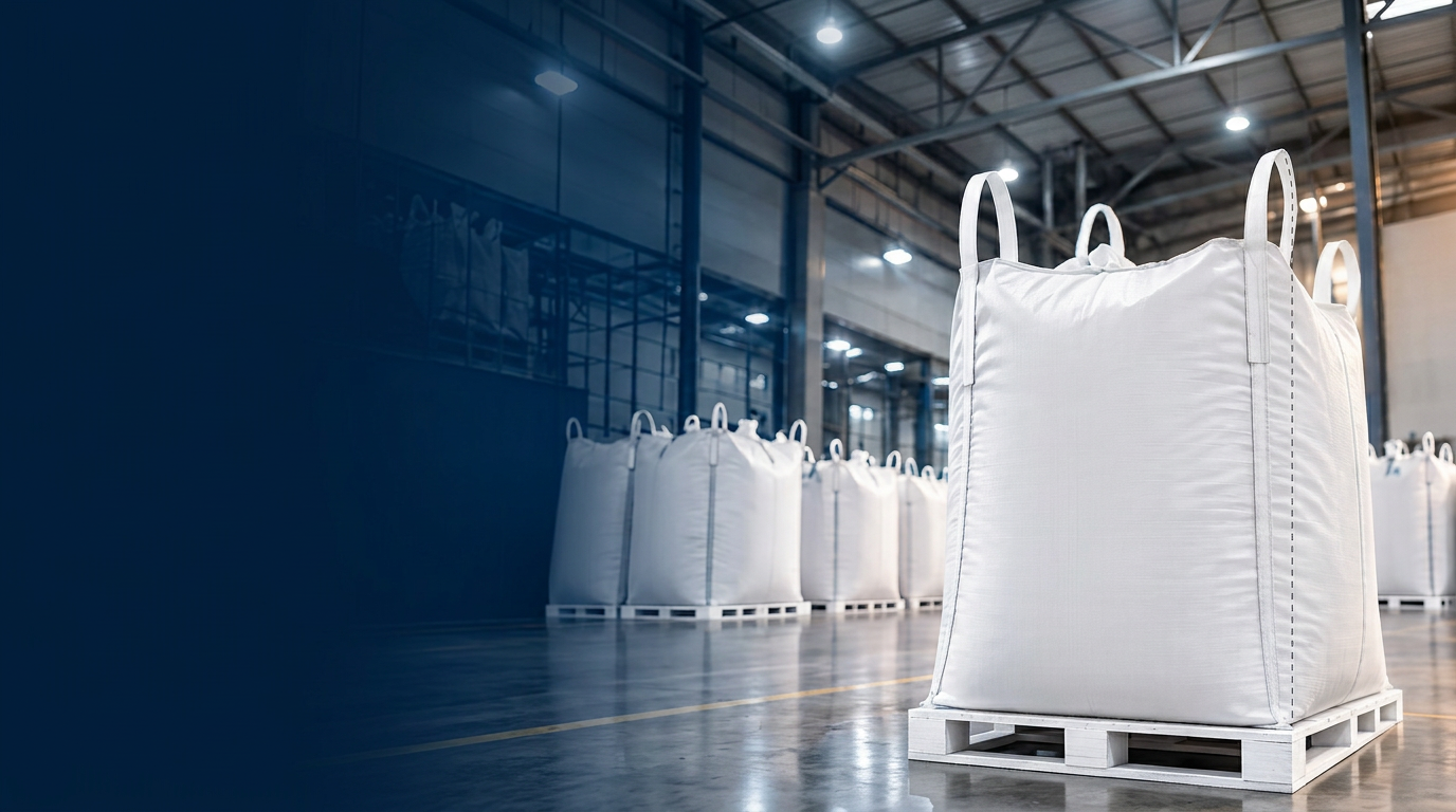 Big bags brancos armazenados em pallets dentro de uma indústria moderna